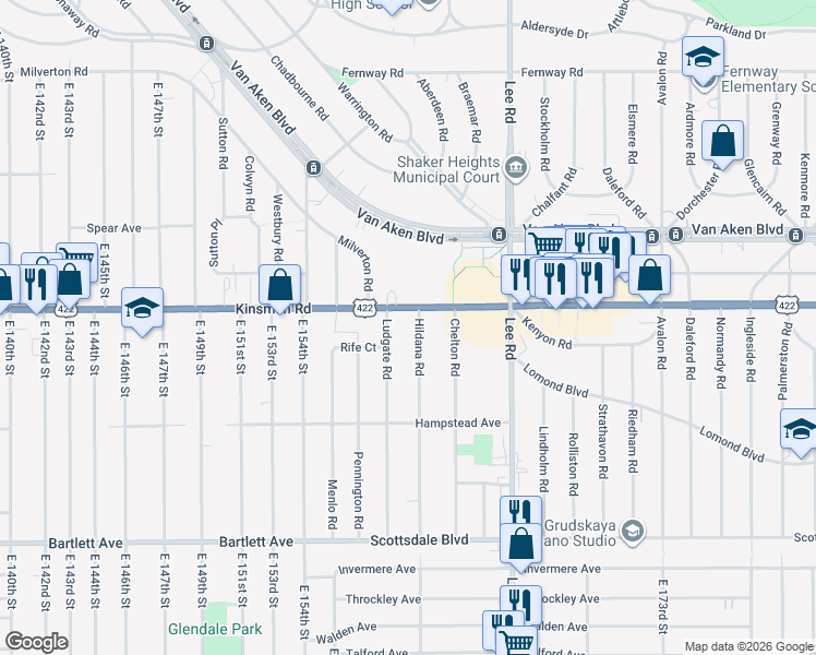 map of restaurants, bars, coffee shops, grocery stores, and more near 16102 Chagrin Boulevard in Shaker Heights