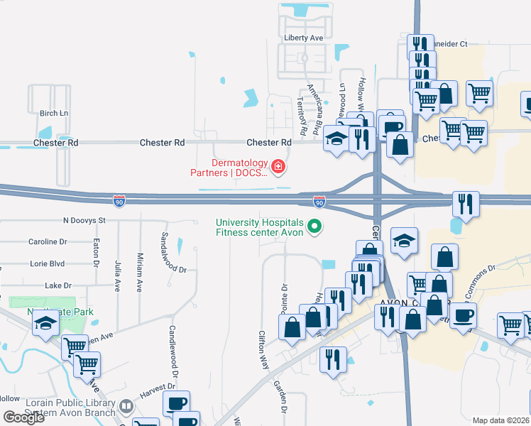 map of restaurants, bars, coffee shops, grocery stores, and more near 36480 North Reserve Circle in Avon