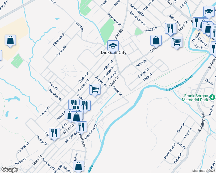 map of restaurants, bars, coffee shops, grocery stores, and more near 1013 Grant Court in Dickson City