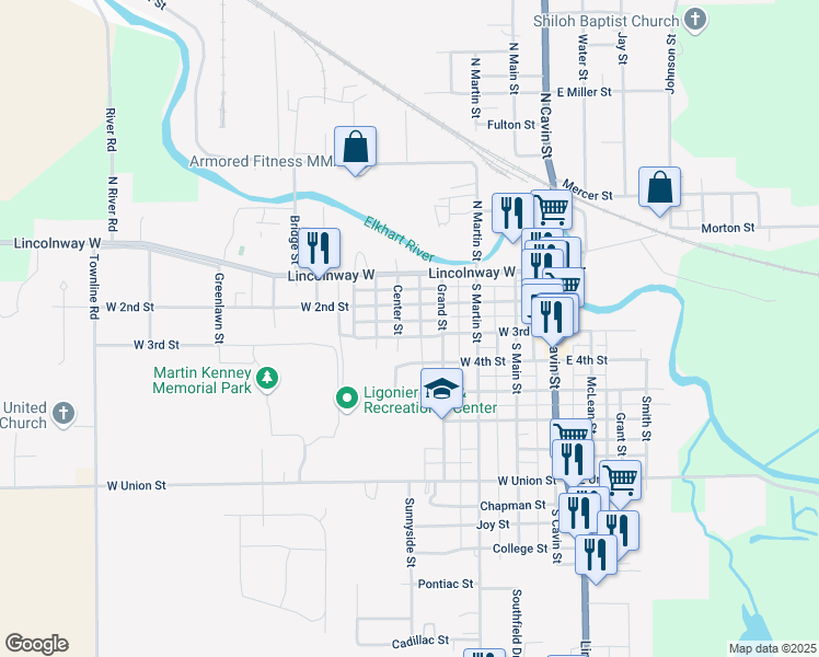 map of restaurants, bars, coffee shops, grocery stores, and more near 453-499 W 2nd St in Ligonier