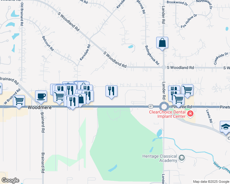 map of restaurants, bars, coffee shops, grocery stores, and more near 29525 Bryce Road in Pepper Pike