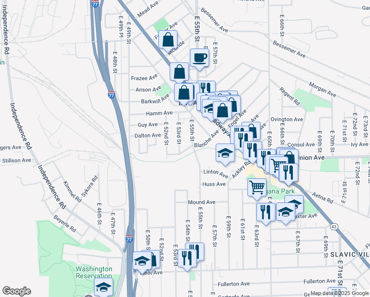 map of restaurants, bars, coffee shops, grocery stores, and more near 5315 Blanche Avenue in Cleveland