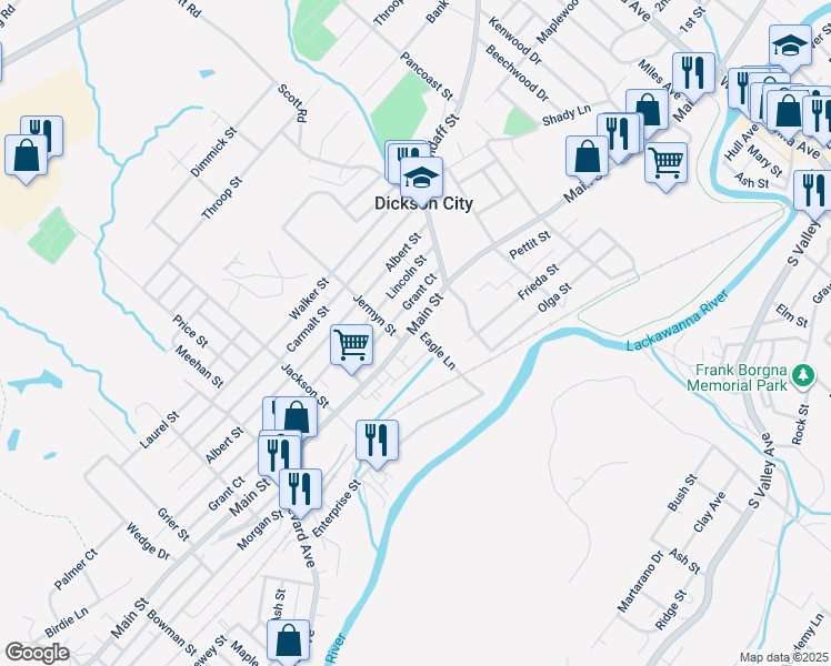 map of restaurants, bars, coffee shops, grocery stores, and more near 1013 Grant Court in Dickson City