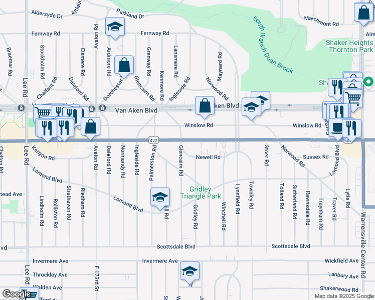 map of restaurants, bars, coffee shops, grocery stores, and more near 18402 U.S. 422 in Shaker Heights