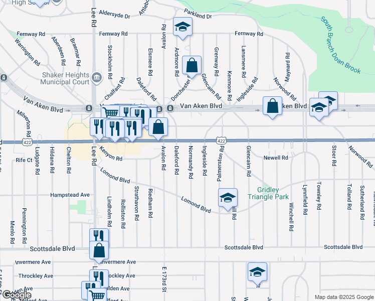 map of restaurants, bars, coffee shops, grocery stores, and more near 17600 Chagrin Boulevard in Shaker Heights