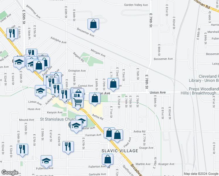 map of restaurants, bars, coffee shops, grocery stores, and more near 3466 East 71st Street in Cleveland