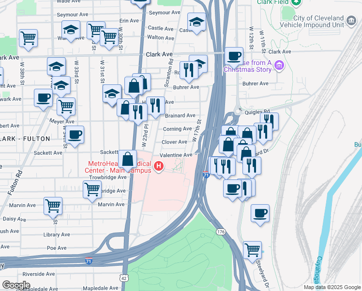 map of restaurants, bars, coffee shops, grocery stores, and more near 1816 Clover Avenue in Cleveland