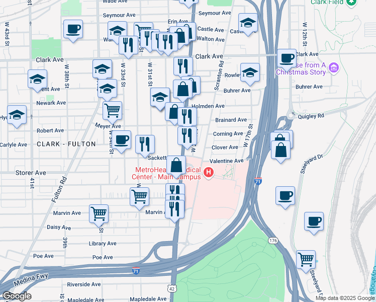 map of restaurants, bars, coffee shops, grocery stores, and more near 3280 Ohio 3 in Cleveland
