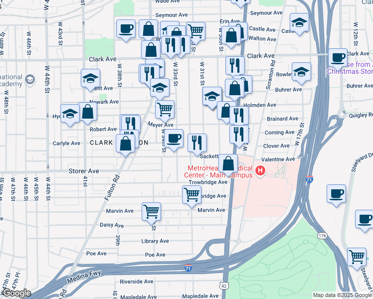map of restaurants, bars, coffee shops, grocery stores, and more near 3291 West 33rd Street in Cleveland
