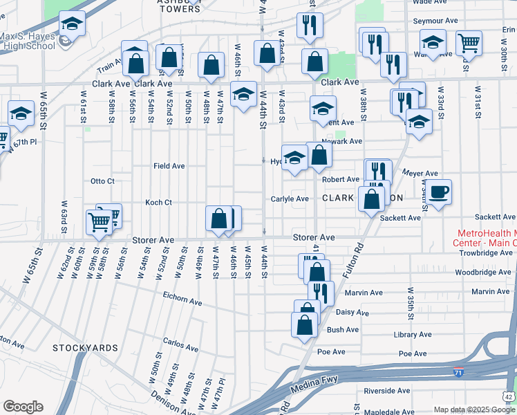 map of restaurants, bars, coffee shops, grocery stores, and more near 4571 Niessen Court in Cleveland