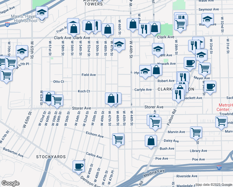 map of restaurants, bars, coffee shops, grocery stores, and more near 3284 West 46th Street in Cleveland