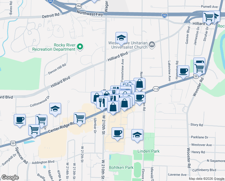 map of restaurants, bars, coffee shops, grocery stores, and more near 2807 Wagar Road in Rocky River