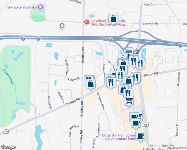 map of restaurants, bars, coffee shops, grocery stores, and more near 1568 Cedarwood Drive in Westlake