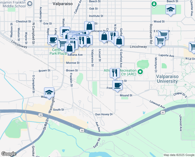 map of restaurants, bars, coffee shops, grocery stores, and more near 352 Locust Street in Valparaiso