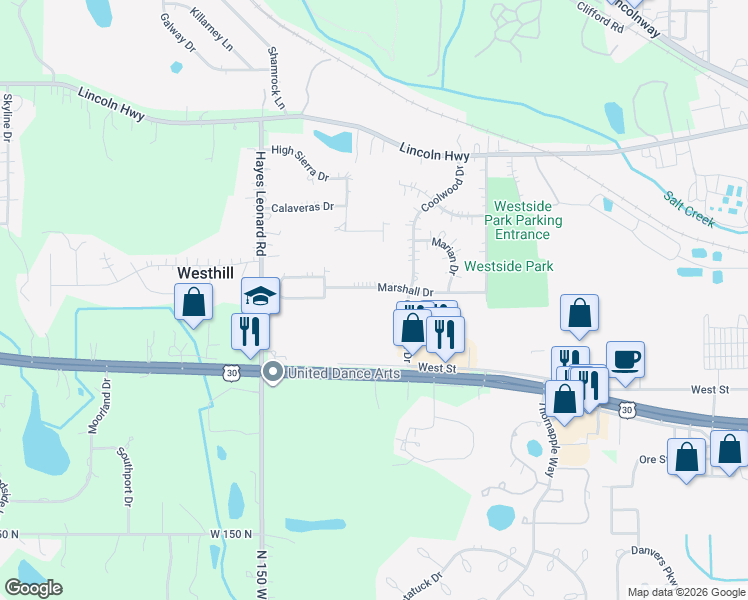 map of restaurants, bars, coffee shops, grocery stores, and more near 2301-2599 Marshall Drive in Valparaiso