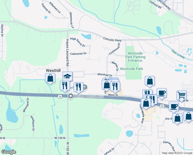 map of restaurants, bars, coffee shops, grocery stores, and more near 2301-2599 Marshall Drive in Valparaiso