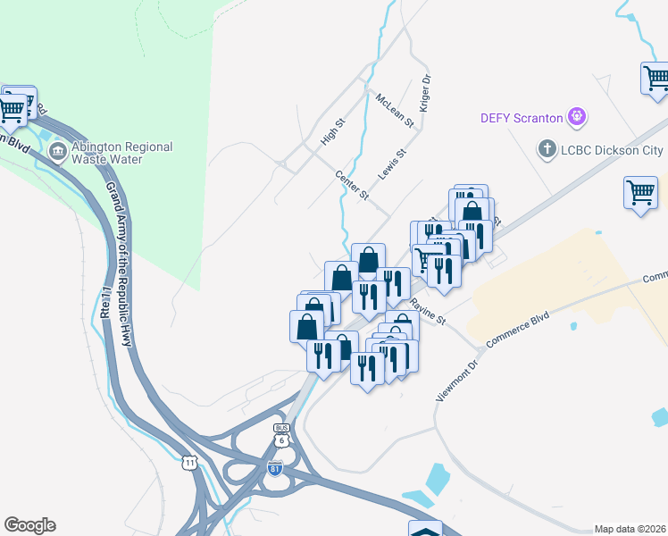 map of restaurants, bars, coffee shops, grocery stores, and more near Viewmont Estates in Scranton
