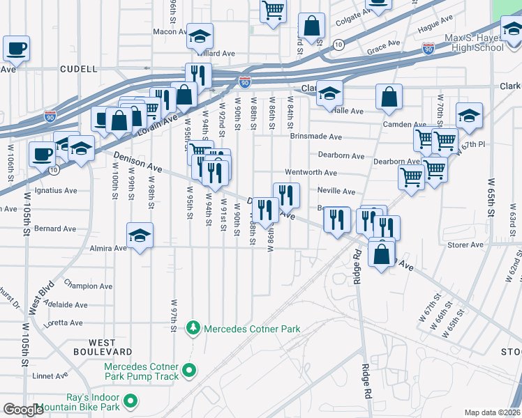 map of restaurants, bars, coffee shops, grocery stores, and more near 8621 Denison Avenue in Cleveland