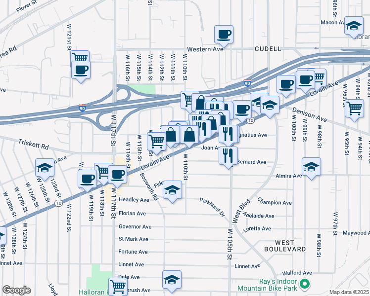 map of restaurants, bars, coffee shops, grocery stores, and more near 10800 Lorain Avenue in Cleveland