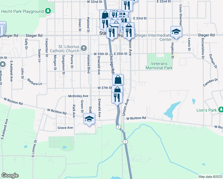map of restaurants, bars, coffee shops, grocery stores, and more near 8 West 37th Street in Steger
