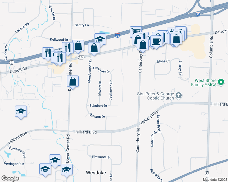 map of restaurants, bars, coffee shops, grocery stores, and more near 1493 Beethoven Drive in Westlake