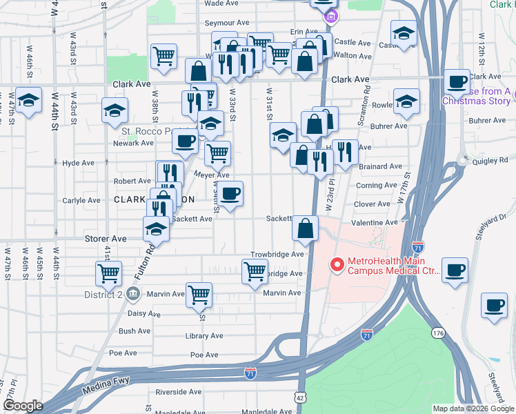 map of restaurants, bars, coffee shops, grocery stores, and more near 3298 West 31st Street in Cleveland