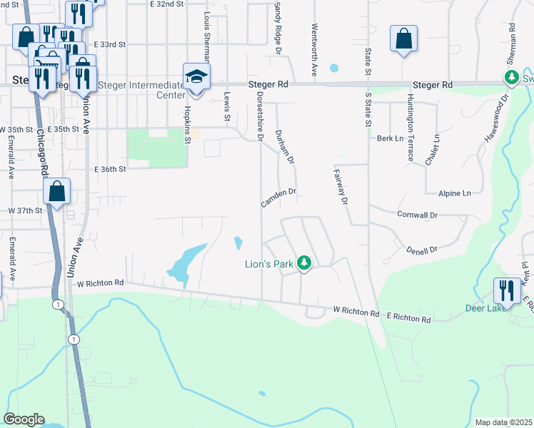 map of restaurants, bars, coffee shops, grocery stores, and more near 348 Dorsetshire Drive in Steger