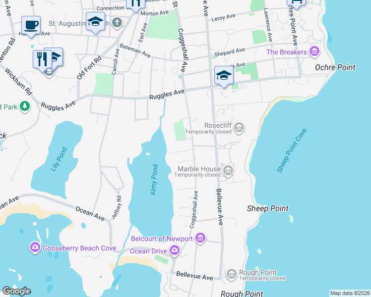 map of restaurants, bars, coffee shops, grocery stores, and more near 23 Spouting Rock Drive in Newport