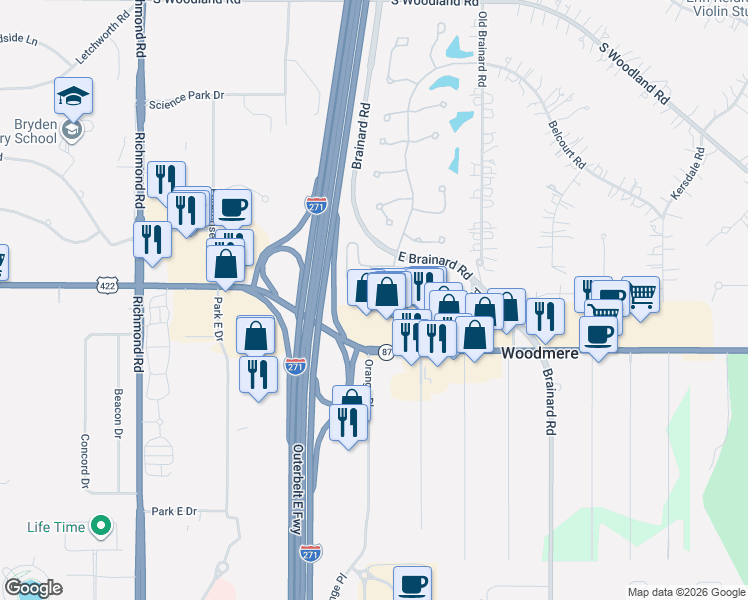 map of restaurants, bars, coffee shops, grocery stores, and more near 6330 Park Pointe Court in Cleveland