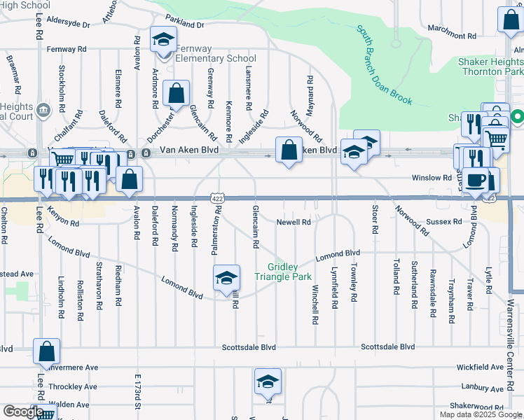 map of restaurants, bars, coffee shops, grocery stores, and more near in Shaker Heights