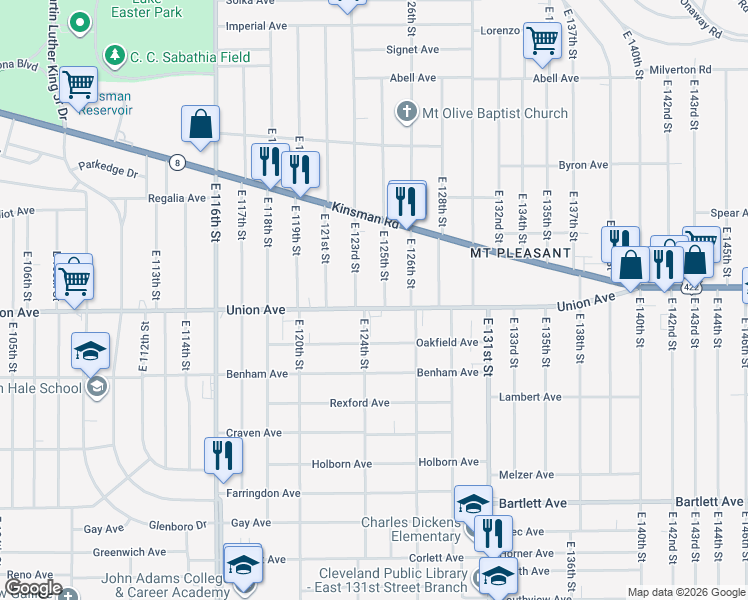 map of restaurants, bars, coffee shops, grocery stores, and more near 3463 East 125th Street in Cleveland