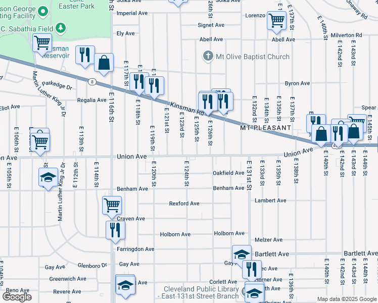 map of restaurants, bars, coffee shops, grocery stores, and more near 3464 East 123rd Street in Cleveland