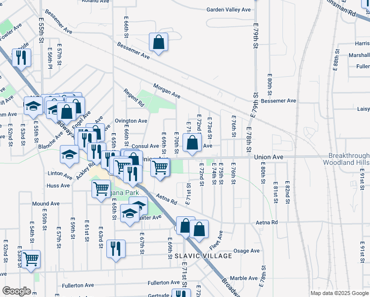 map of restaurants, bars, coffee shops, grocery stores, and more near 3466 East 71st Street in Cleveland