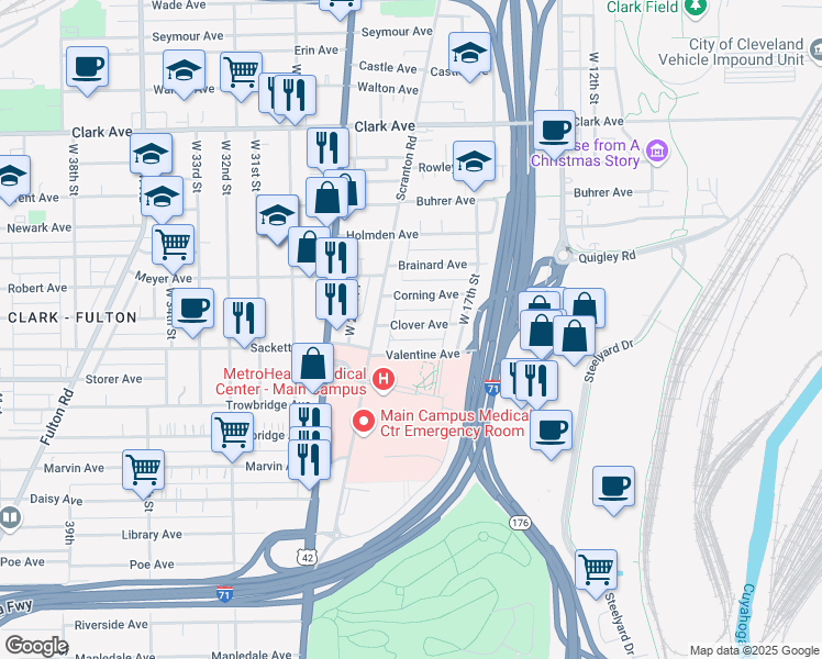map of restaurants, bars, coffee shops, grocery stores, and more near 2105 Corning Avenue in Cleveland