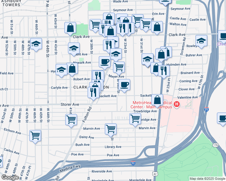 map of restaurants, bars, coffee shops, grocery stores, and more near 3282 West 34th Street in Cleveland