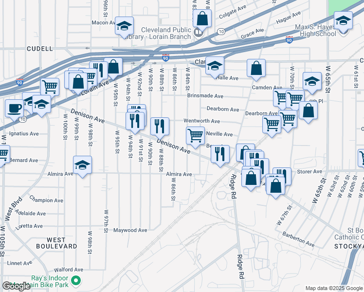 map of restaurants, bars, coffee shops, grocery stores, and more near 3280 West 84th Street in Cleveland