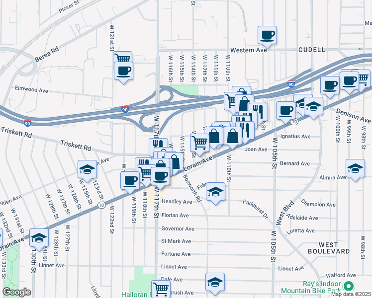 map of restaurants, bars, coffee shops, grocery stores, and more near 3227 West 115th Street in Cleveland