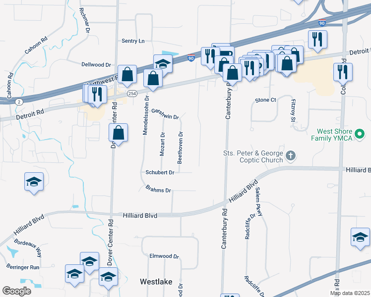 map of restaurants, bars, coffee shops, grocery stores, and more near 1493 Beethoven Drive in Westlake