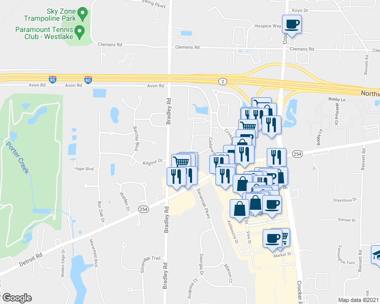 map of restaurants, bars, coffee shops, grocery stores, and more near 1568 Cedarwood Drive in Westlake