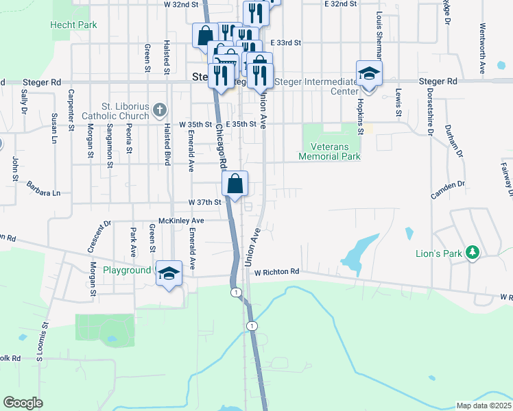 map of restaurants, bars, coffee shops, grocery stores, and more near 3640 Union Avenue in Steger