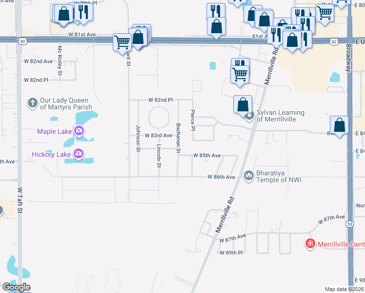 map of restaurants, bars, coffee shops, grocery stores, and more near 1301 West 83rd Avenue in Merrillville