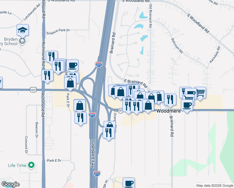 map of restaurants, bars, coffee shops, grocery stores, and more near 6330 Park Pointe Court in Cleveland