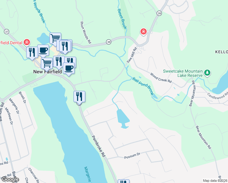 map of restaurants, bars, coffee shops, grocery stores, and more near 12 Sawmill Road in New Fairfield