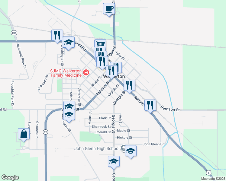 map of restaurants, bars, coffee shops, grocery stores, and more near 504 Virginia Street in Walkerton
