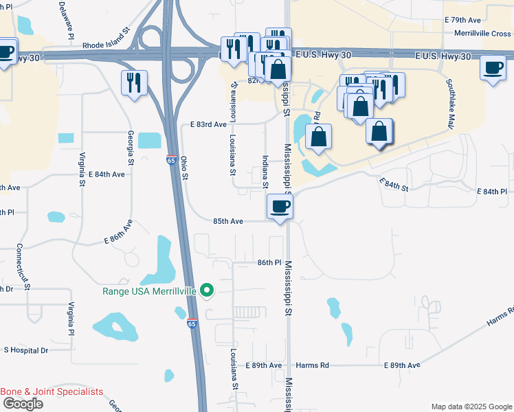 map of restaurants, bars, coffee shops, grocery stores, and more near 8429-8499 Indiana St in Merrillville