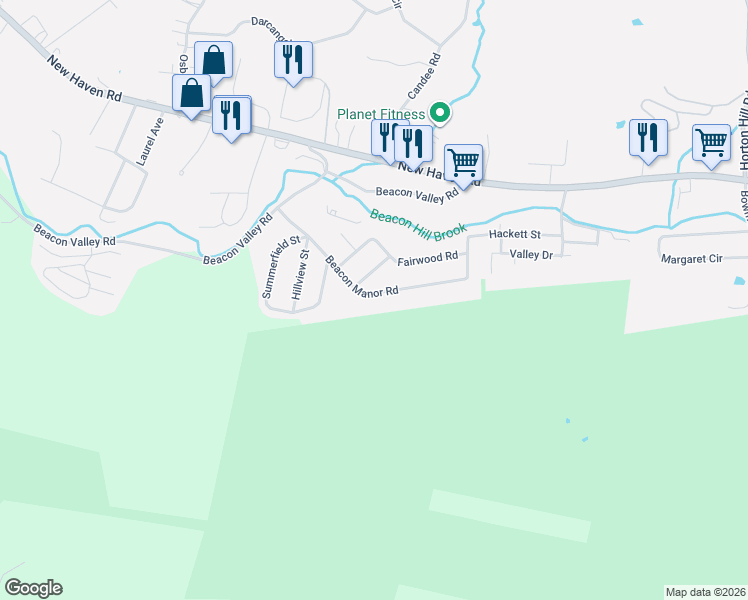 map of restaurants, bars, coffee shops, grocery stores, and more near 102 Beacon Manor Road in Naugatuck