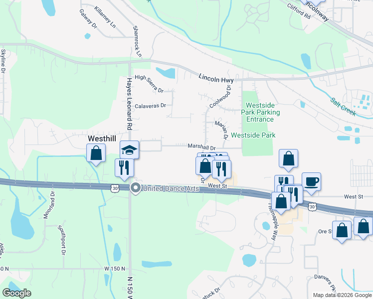 map of restaurants, bars, coffee shops, grocery stores, and more near 2301-2599 Marshall Drive in Valparaiso