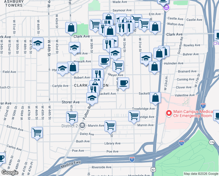 map of restaurants, bars, coffee shops, grocery stores, and more near 3546 Carlyle Avenue in Cleveland