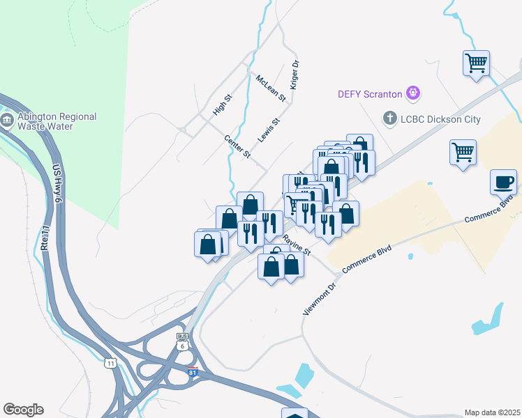 map of restaurants, bars, coffee shops, grocery stores, and more near 501 Griffin Street in Scranton