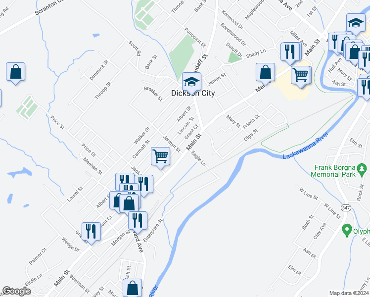 map of restaurants, bars, coffee shops, grocery stores, and more near 1011 Main Street in Dickson City